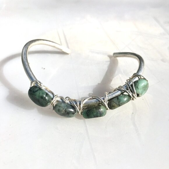 Natural Emerald Sterling Silver Cuff Bracelet Gemstone Untreated 925 Green